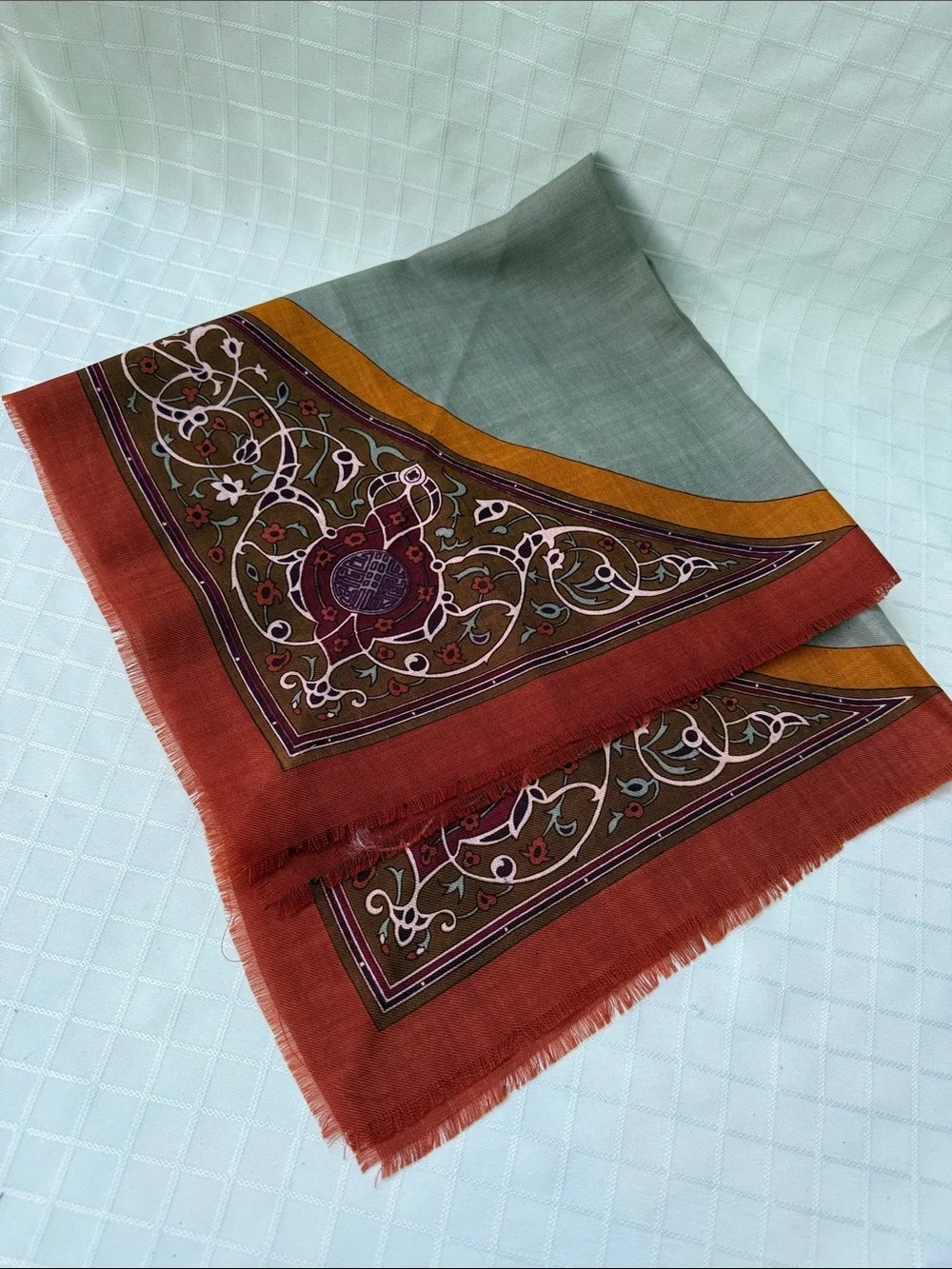 Vintage Anne Klein Wool Scarf in Sage, Rust & Mustard